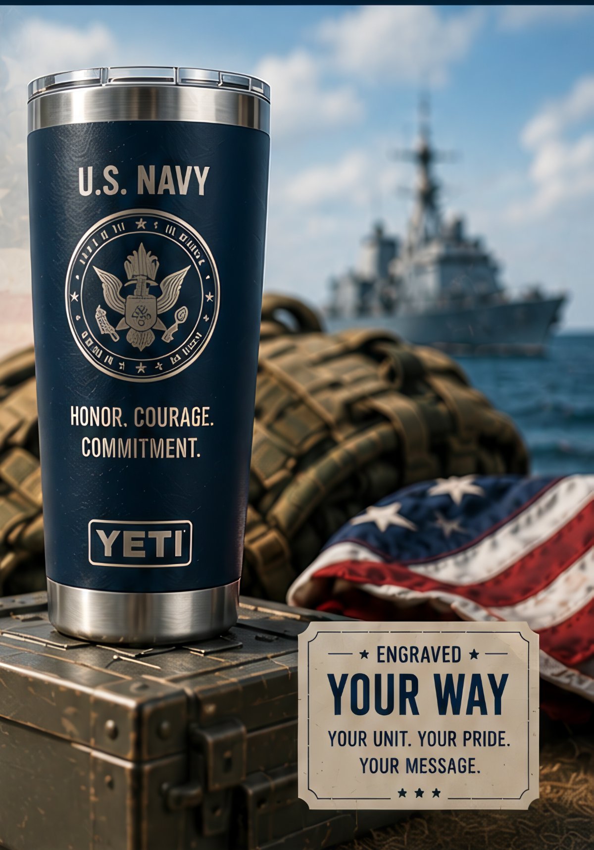 U.S. Navy engraved YETI tumbler with Engraved Your Way badge